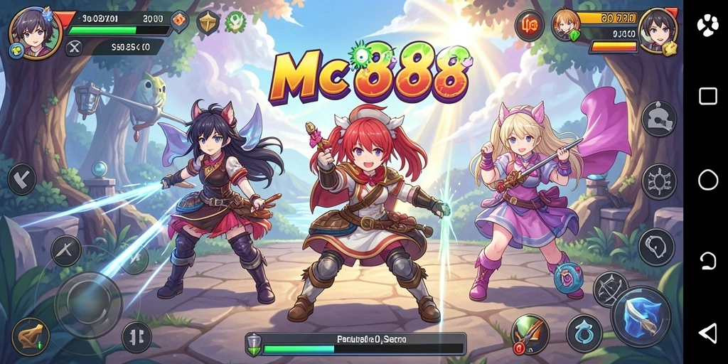Screenshot utama MC888 menampilkan karakter anime dalam pertarungan epik.