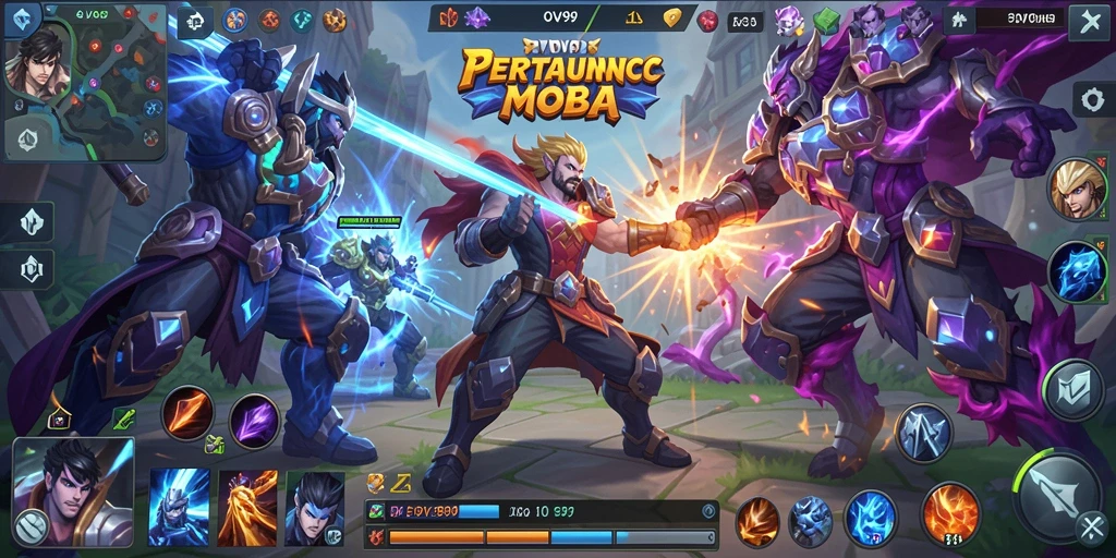 Tampilan utama OVO99 dengan pertempuran MOBA yang intens.