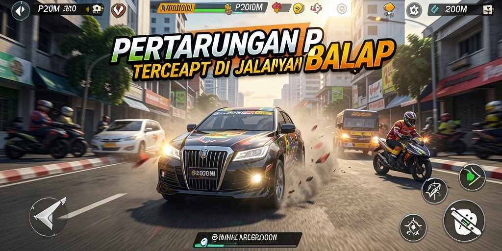 Tampilan utama gameplay P200M yang mendebarkan dan penuh aksi balap.