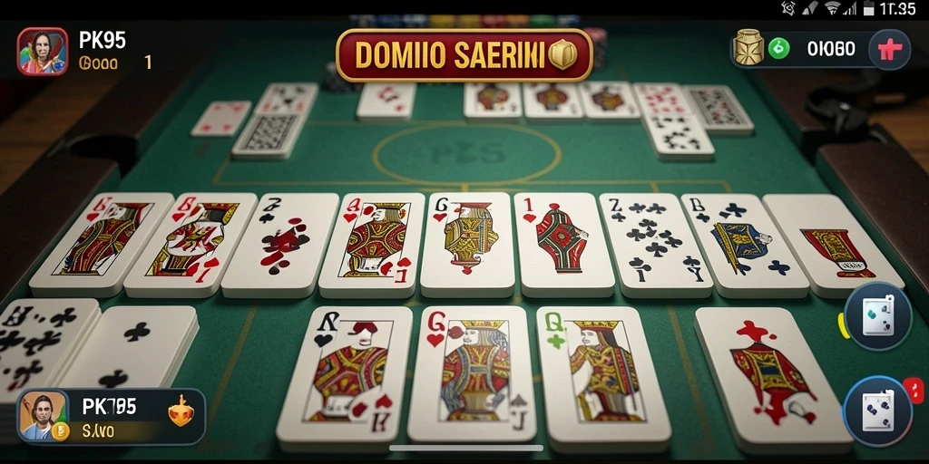 Screenshot gameplay PK95 menampilkan pemain yang sedang bersaing dalam permainan domino.