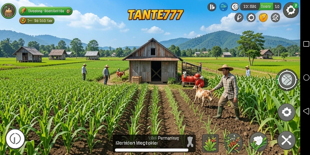 Tampilan utama gameplay TANTE777 dengan aktivitas bercocok tanam yang seru.