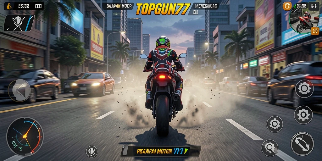 Screenshot menunjukkan aksi balapan motor yang seru di TOPGUN77.